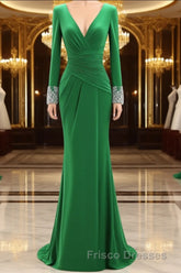 Women Long Mother of Bride Dresses Green Grey Long Sleeve V Neck Evening Dress