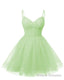 Womens V Neck Tulle Spaghetti Straps Mint Green Homecoming Dresses with Corset Back Short Prom Gowns for Teens