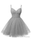 Womens V Neck Tulle Spaghetti Straps Silver Gray Homecoming Dresses with Corset Back Short Prom Gowns for Teens