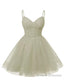 Womens V Neck Tulle Spaghetti Straps Silver Homecoming Dresses with Corset Back Short Prom Gowns for Teens