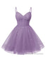 Womens V Neck Tulle Spaghetti Straps Wisteria Homecoming Dresses with Corset Back Short Prom Gowns for Teens