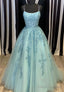 Blue Lace Long Prom Dresses, A-Line Formal Evening Dresses
