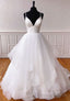 Plunging V-Neck Tulle Long Prom Dresses, White Evening Dresses