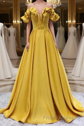 Yellow A-line Satin Long Formal Prom Dresses, Yellow Formal Dresses