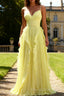 Yellow A Line Spaghetti Straps Chiffon Pleated Bridesmaid Dress with Ruffles