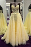 Yellow A-Line Strapless Multi-Layers Sweetheart Tulle Beaded Long Formal Prom Dress With Slit