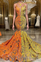 Yellow and Orange Mermaid Formal Prom Dresses Lace Long On Sale