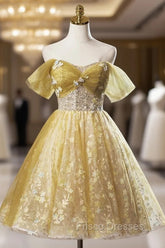 Yellow Floral Tulle Knee Length Formal Prom Dress, Lovely A-Line Evening Party Dress