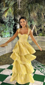 Yellow Layered Satin Long A Line Prom Dress