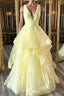 Yellow Formal Prom Dresses A Line Deep V Neck Light Long Party Evening Dresses with Ruffles