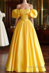 Yellow Satin Short Sleeves Party Dress, Yellow Satin Formal Prom Dress Formal Dress