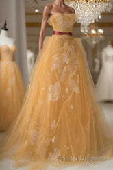 Yellow tulle lace long Formal Prom Dresses, yellow tulle formal Dresses