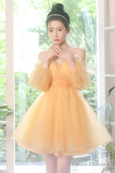 Yellow Tulle Short A-Line Prom Dress, Yellow Homecoming Party Dress