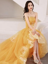 Yellow Unique High Low Tulle With Lace Prom Dress, Yellow Formal Dress Evening Dress