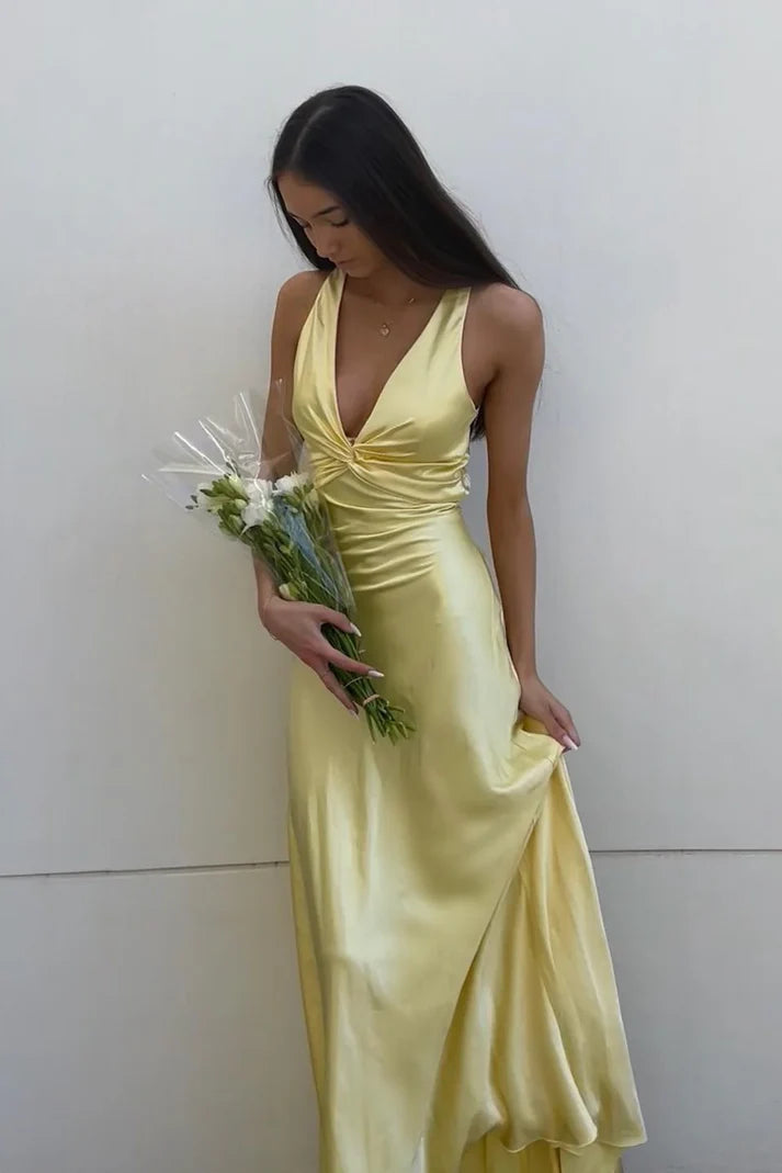 Yellow V-Neck Backless Fashion Elegant Long Satin Ball Gown Evening Dr