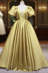Yellow V-Neck Satin Long Formal Prom Dress, A-Line Puff Sleeves Formal Party Dress