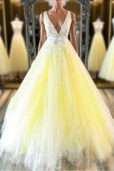 Yellow v neck tulle lace long Formal Prom Dresses yellow formal Dresses