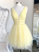 Yellow V Neck Tulle Sequin Short Prom Dress Yellow Formal Dress