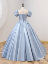 Blue Satin Floor Length Prom Dress with Bow, Blue A-Line Evening Formal Dress