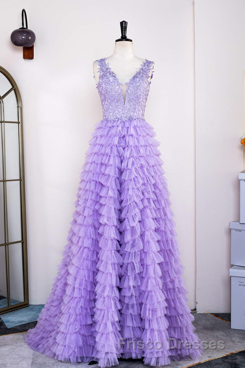 Lavender Plunging V Neck Appliques Layers Long Formal Prom Dress with Slit