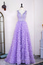 Lavender Plunging V Neck Appliques Layers Long Formal Prom Dress with Slit