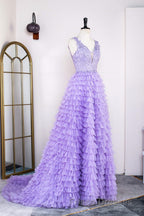 Lavender Plunging V Neck Appliques Layers Long Formal Prom Dress with Slit