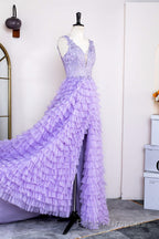 Lavender Plunging V Neck Appliques Layers Long Formal Prom Dress with Slit