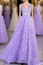 Lavender Plunging V Neck Appliques Layers Long Formal Prom Dress with Slit