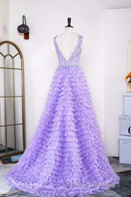 Lavender Plunging V Neck Appliques Layers Long Formal Prom Dress with Slit
