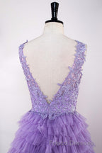 Lavender Plunging V Neck Appliques Layers Long Formal Prom Dress with Slit