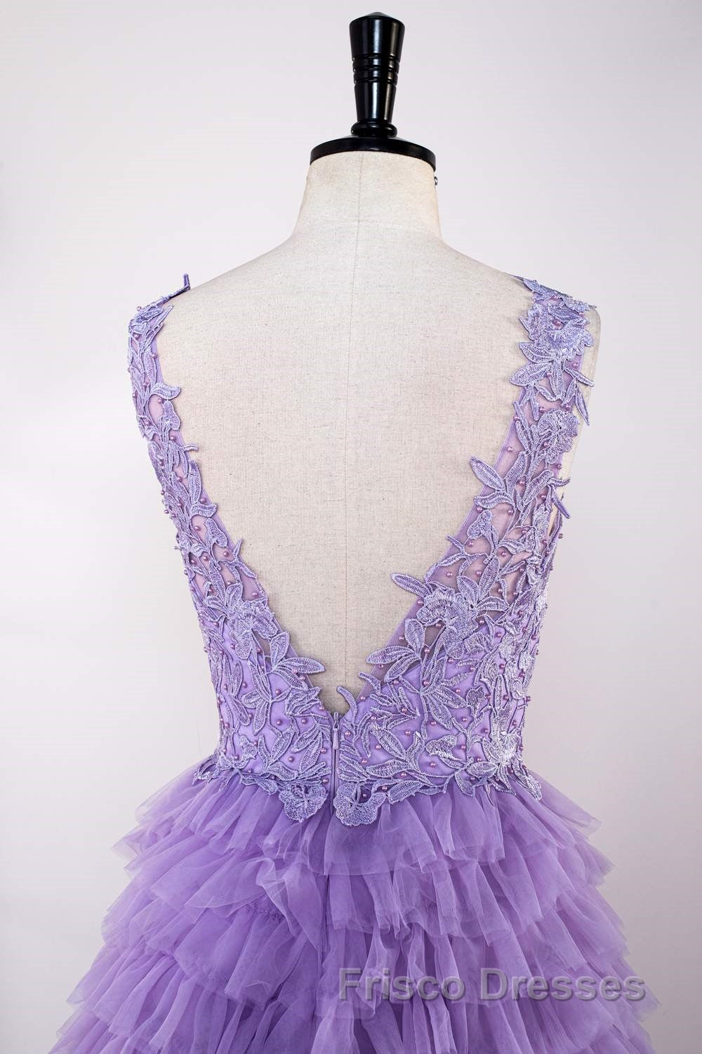 Lavender Plunging V Neck Appliques Layers Long Formal Prom Dress with Slit