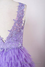 Lavender Plunging V Neck Appliques Layers Long Formal Prom Dress with Slit