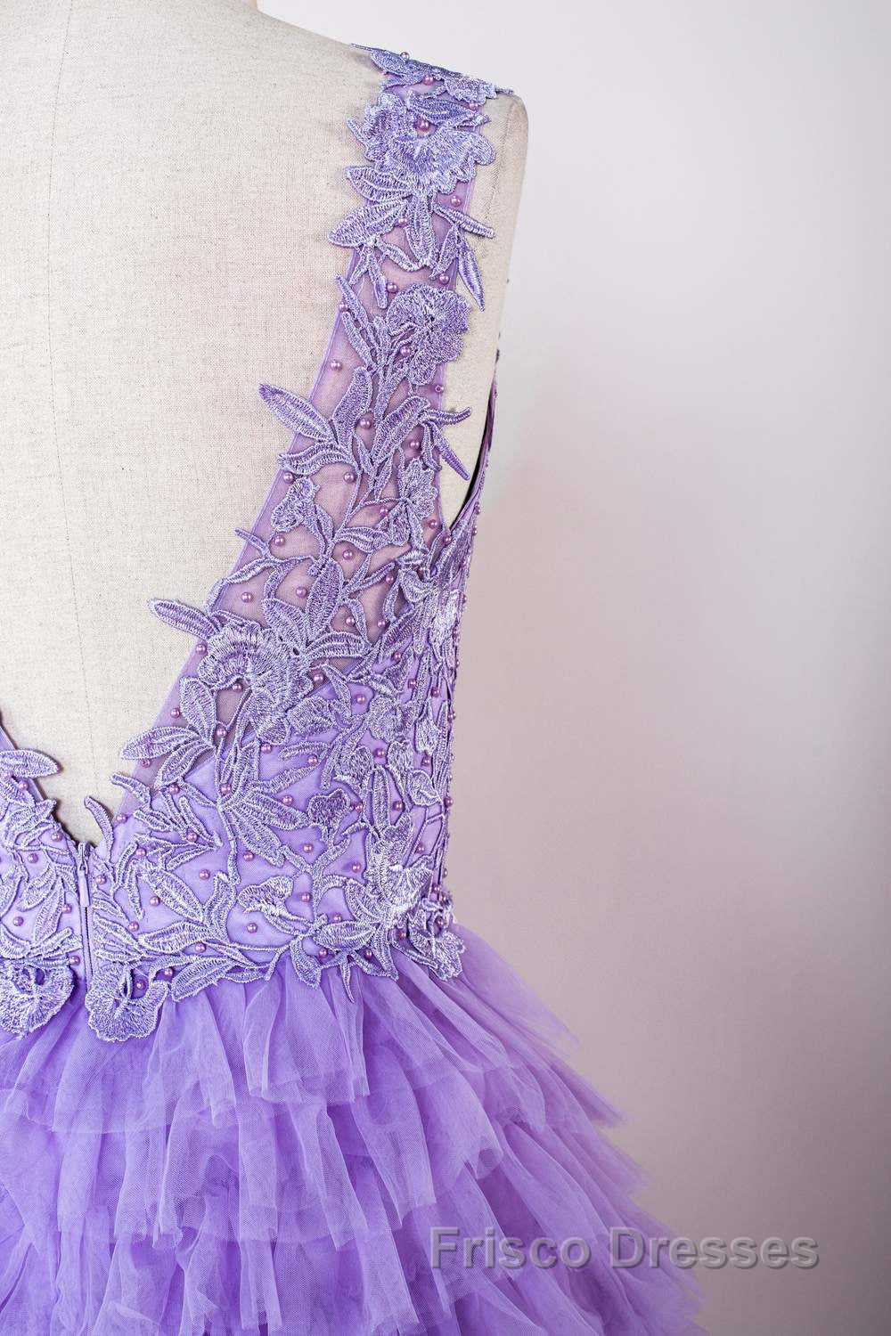 Lavender Plunging V Neck Appliques Layers Long Formal Prom Dress with Slit