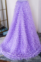 Lavender Plunging V Neck Appliques Layers Long Formal Prom Dress with Slit