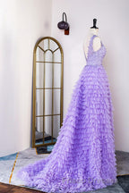 Lavender Plunging V Neck Appliques Layers Long Formal Prom Dress with Slit