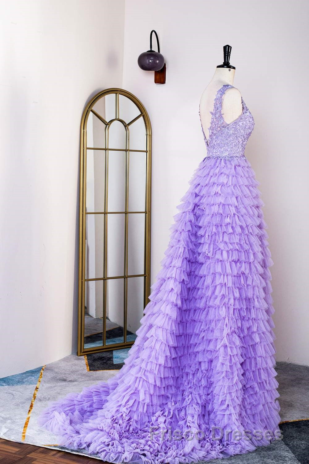 Lavender Plunging V Neck Appliques Layers Long Formal Prom Dress with Slit