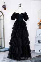 Saprkly Black Off-Shoulder Puff Sleeves Layers Long Formal Prom Dress