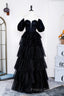 Saprkly Black Off-Shoulder Puff Sleeves Layers Long Formal Prom Dress