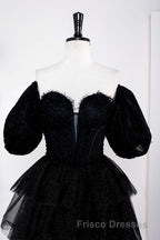 Saprkly Black Off-Shoulder Puff Sleeves Layers Long Formal Prom Dress