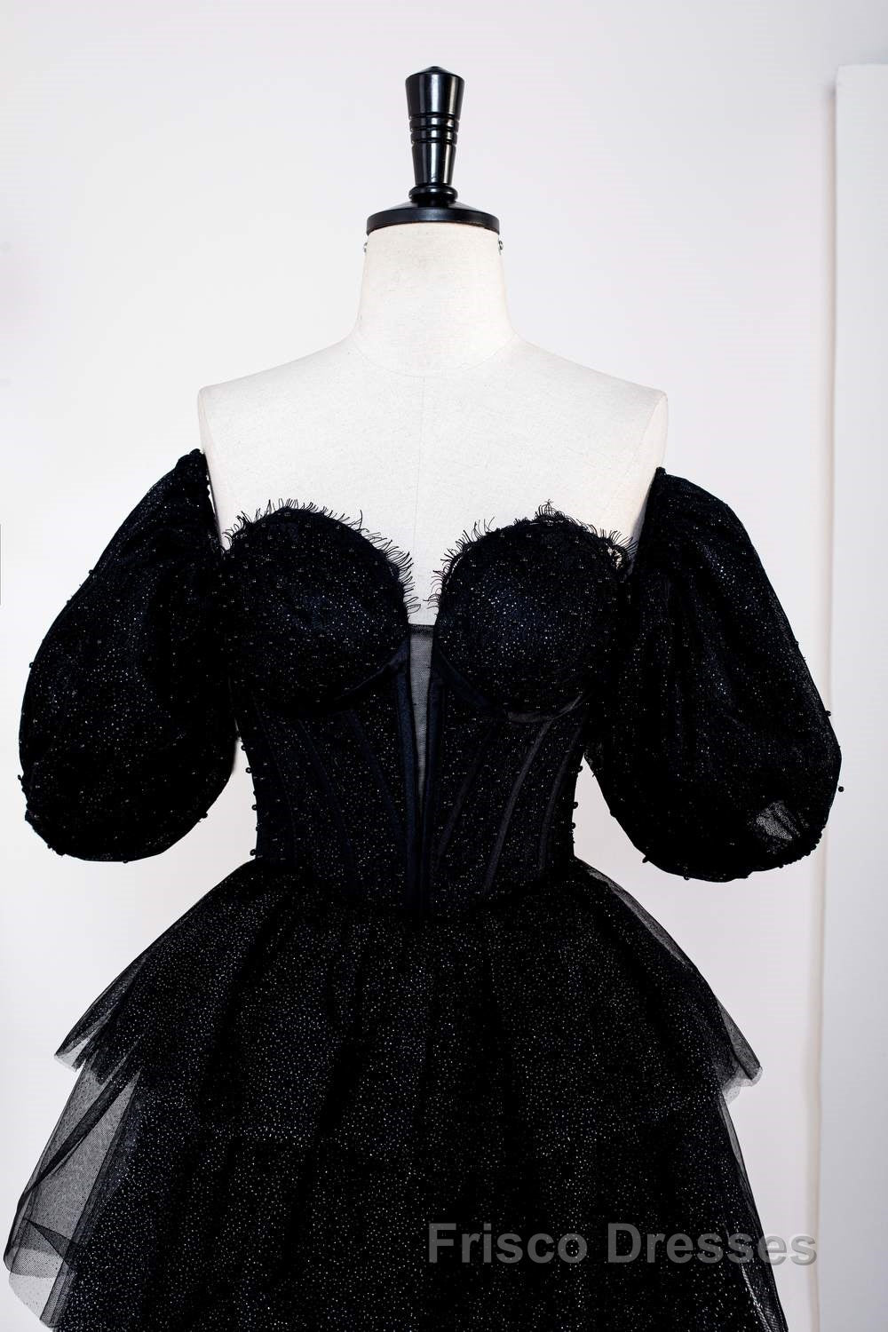 Saprkly Black Off-Shoulder Puff Sleeves Layers Long Formal Prom Dress