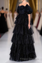 Saprkly Black Off-Shoulder Puff Sleeves Layers Long Formal Prom Dress