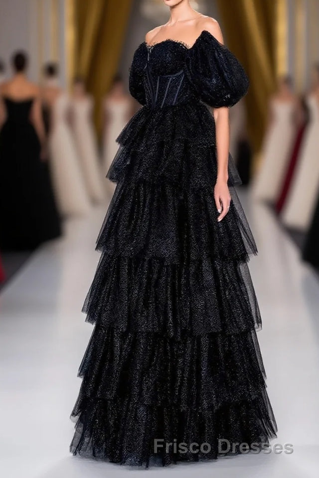Saprkly Black Off-Shoulder Puff Sleeves Layers Long Formal Prom Dress