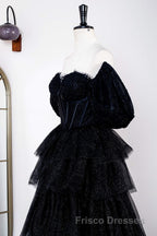 Saprkly Black Off-Shoulder Puff Sleeves Layers Long Formal Prom Dress