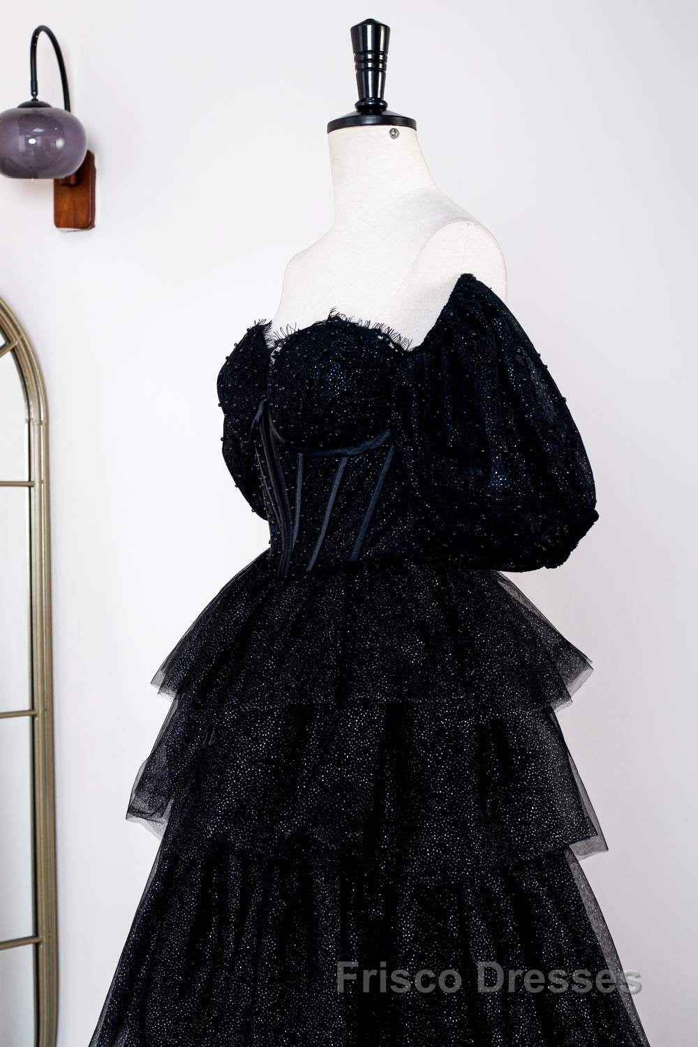Saprkly Black Off-Shoulder Puff Sleeves Layers Long Formal Prom Dress