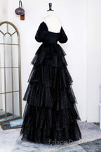 Saprkly Black Off-Shoulder Puff Sleeves Layers Long Formal Prom Dress