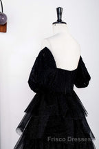 Saprkly Black Off-Shoulder Puff Sleeves Layers Long Formal Prom Dress