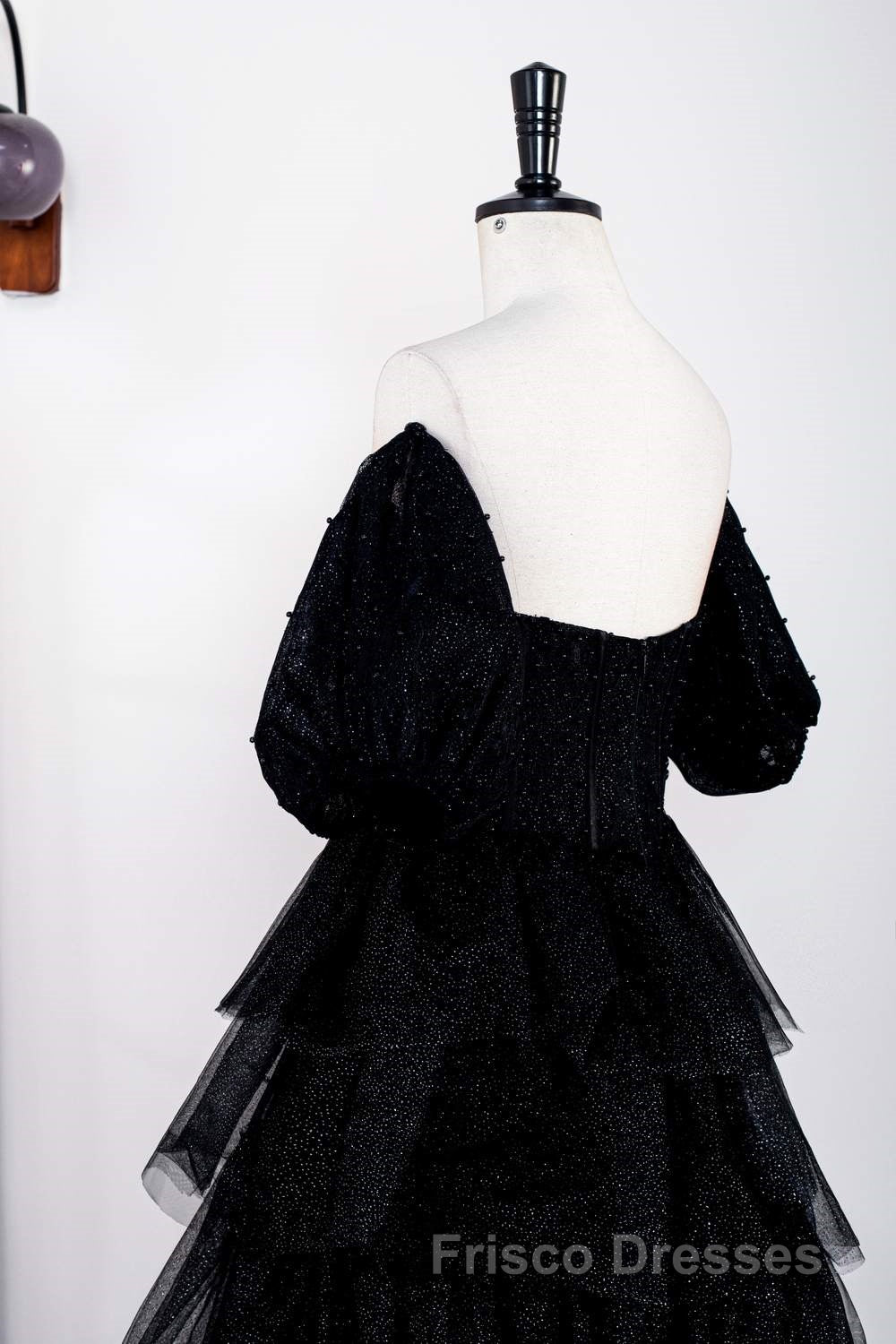 Saprkly Black Off-Shoulder Puff Sleeves Layers Long Formal Prom Dress