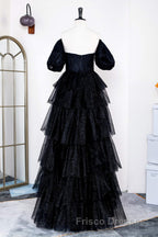 Saprkly Black Off-Shoulder Puff Sleeves Layers Long Formal Prom Dress