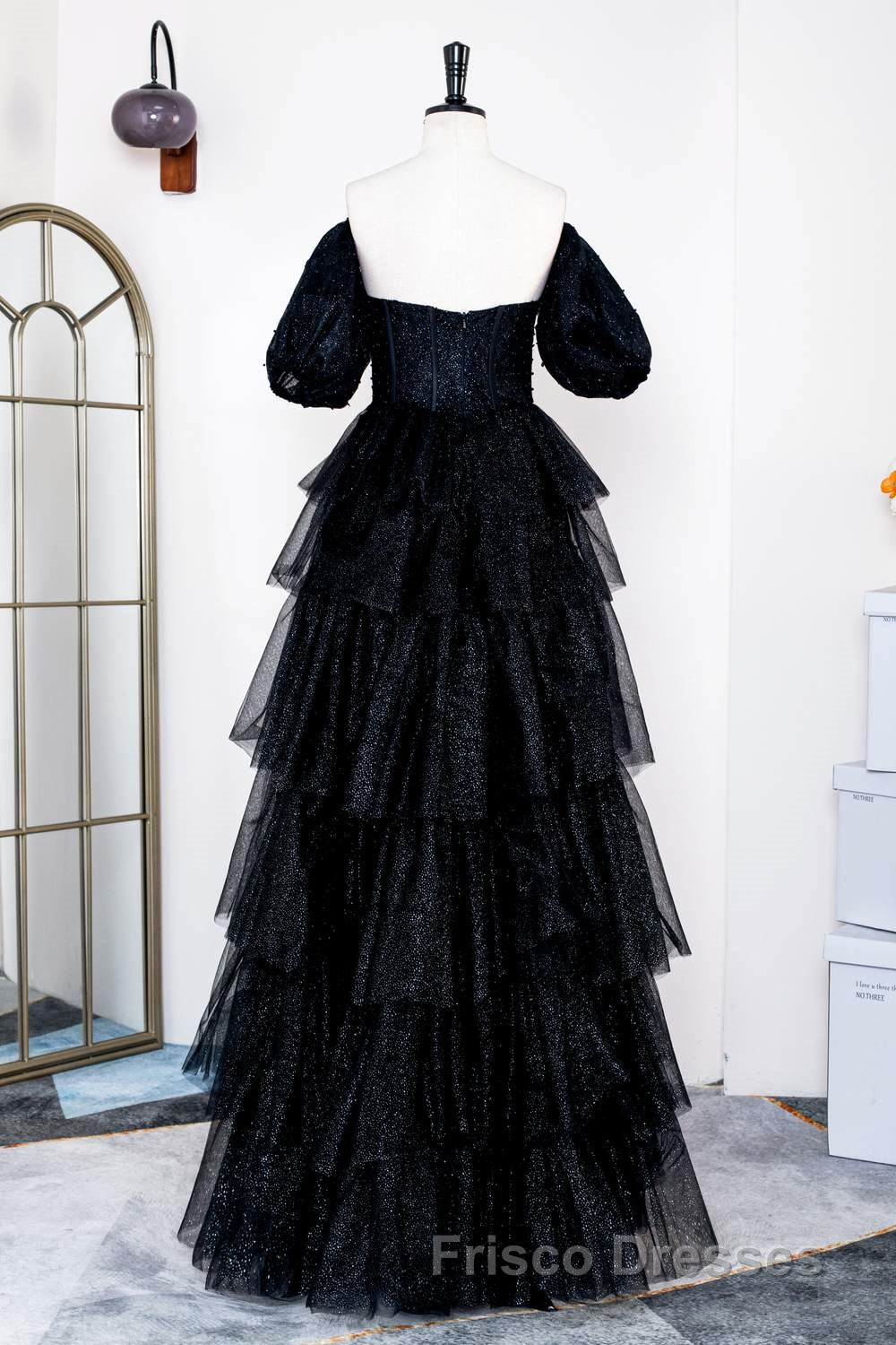 Saprkly Black Off-Shoulder Puff Sleeves Layers Long Formal Prom Dress