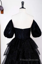 Saprkly Black Off-Shoulder Puff Sleeves Layers Long Formal Prom Dress
